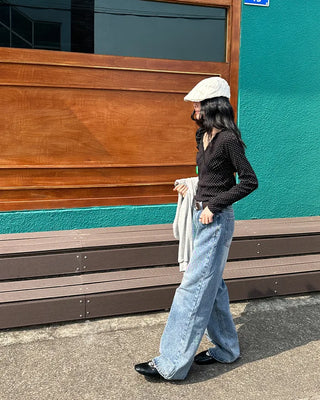 Two-button denim wide-leg pants
