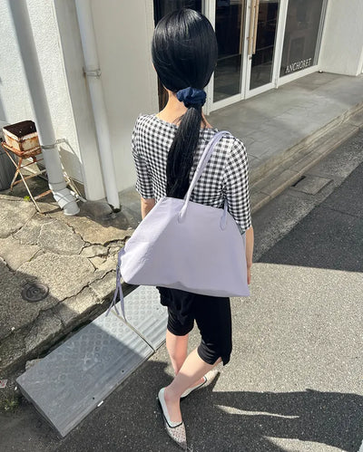 Gingham check boat neck 5/8 sleeve slim T-shirt