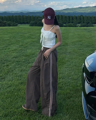 Nylon two-tone elastic waist pants