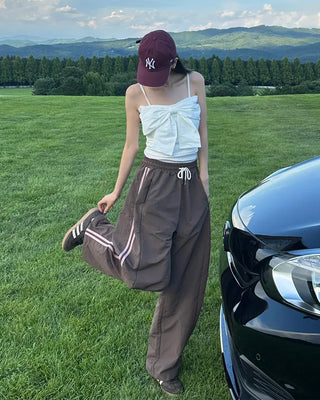 Nylon two-tone elastic waist pants