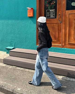 Two-button denim wide-leg pants
