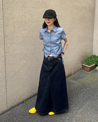 Weighted Shirring Point Short-Sleeve Crop Shirt