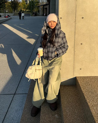 Tartan check hooded short down jacket