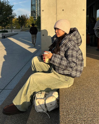 Tartan check hooded short down jacket