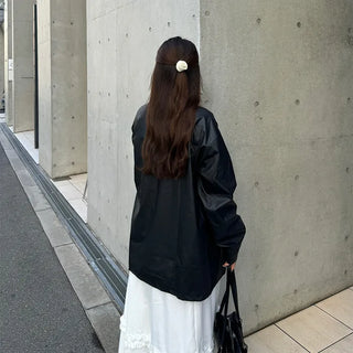 Faux leather long shirt jacket