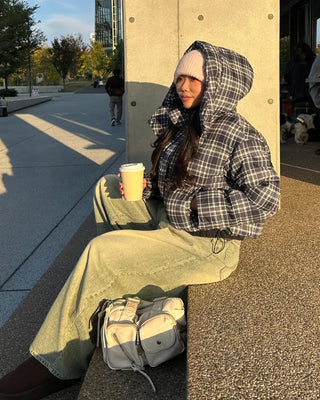 Tartan check hooded short down jacket