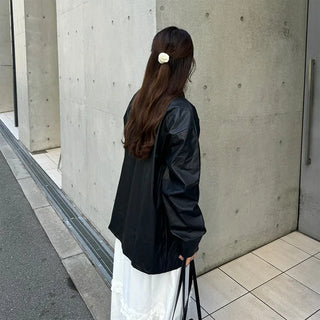 Faux leather long shirt jacket