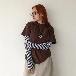 Striped U-neck long-sleeve T-shirt