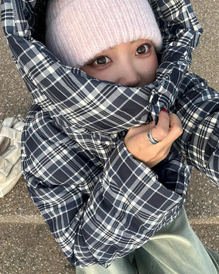 Tartan check hooded short down jacket