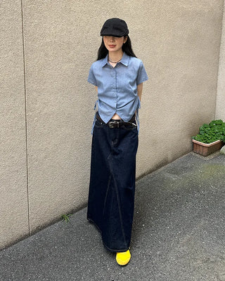 Weighted Shirring Point Short-Sleeve Crop Shirt
