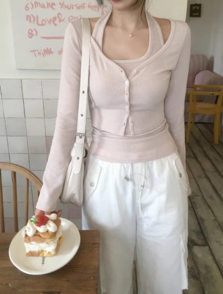 Halter neck sleeveless top & cardigan set