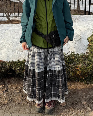 Check pattern lace detail long skirt