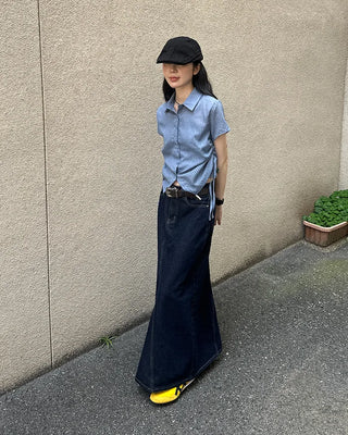 Weighted Shirring Point Short-Sleeve Crop Shirt