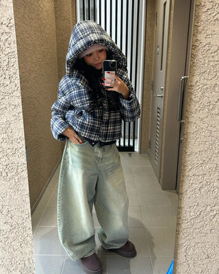Tartan check hooded short down jacket