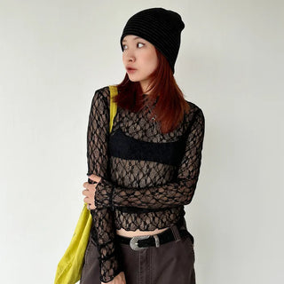 See-through lace long-sleeve T-shirt