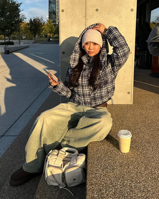 Tartan check hooded short down jacket