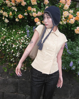 Raglan cap sleeve double-button blouse