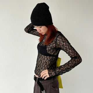 See-through lace long-sleeve T-shirt