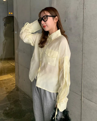 Sleeve Drawstring Cropped Sheer Shirt