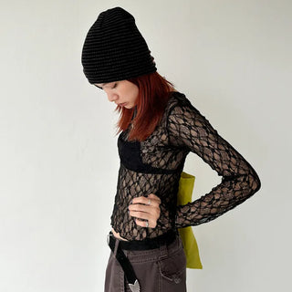 See-through lace long-sleeve T-shirt