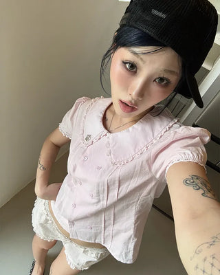 [6th Re-release] (ORIGINAL) Heart Button Lace Puff Blouse