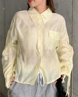 Sleeve Drawstring Cropped Sheer Shirt