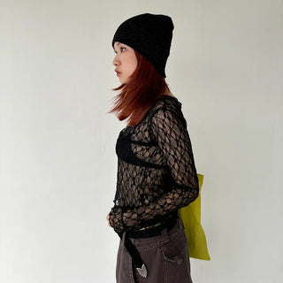 See-through lace long-sleeve T-shirt