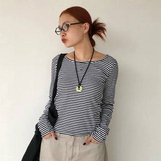 Striped U-neck long-sleeve T-shirt