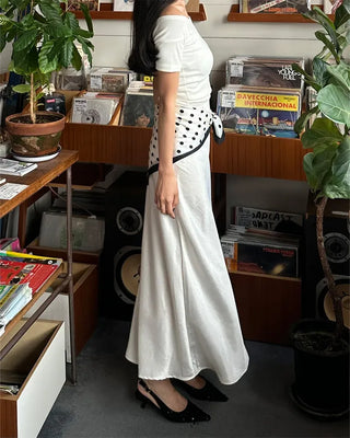 Silk elastic waist long skirt
