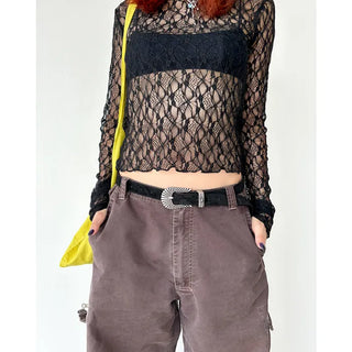 See-through lace long-sleeve T-shirt