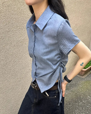 Weighted Shirring Point Short-Sleeve Crop Shirt
