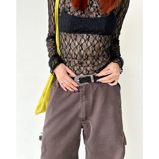 See-through lace long-sleeve T-shirt