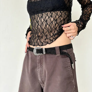 See-through lace long-sleeve T-shirt