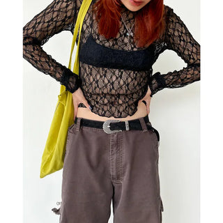See-through lace long-sleeve T-shirt