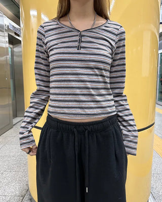 Henley neck double striped semi-cropped cut and sew