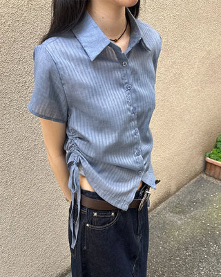 Weighted Shirring Point Short-Sleeve Crop Shirt