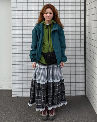 Check pattern lace detail long skirt