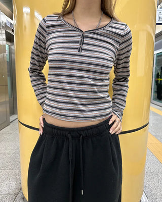 Henley neck double striped semi-cropped cut and sew
