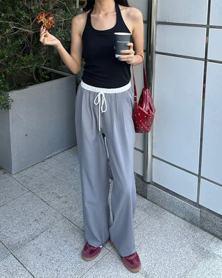 Two-tone elastic waist slacks