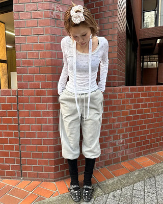 Tie-set lace jewel neck mini flower ribbed long T-shirt
