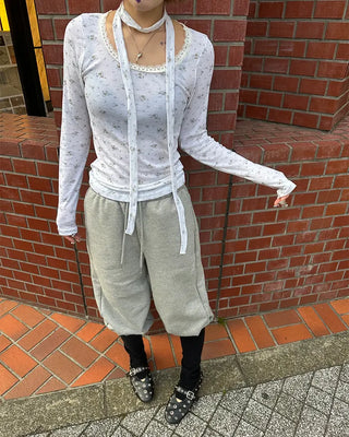 Tie-set lace jewel neck mini flower ribbed long T-shirt