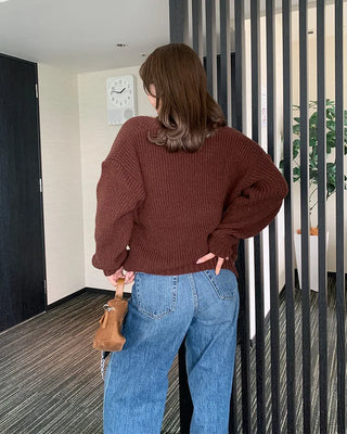 Ribbed V-neck Loose Cardigan