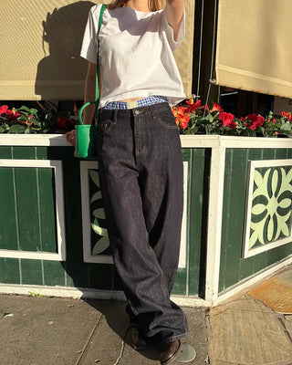 Back patch rigid wide denim pants