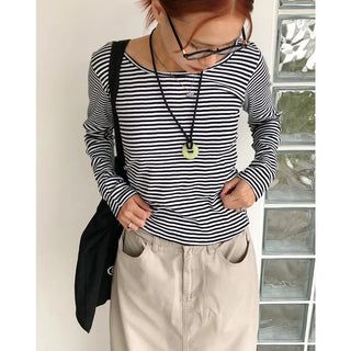 Striped U-neck long-sleeve T-shirt