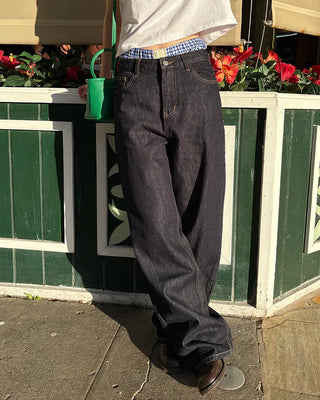 Back patch rigid wide denim pants