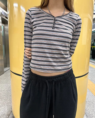 Henley neck double striped semi-cropped cut and sew
