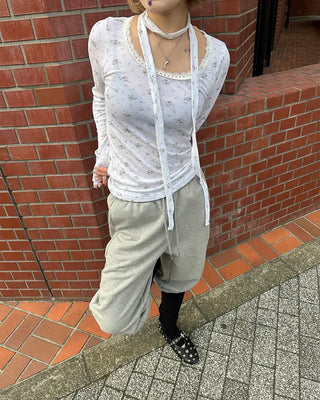 Tie-set lace jewel neck mini flower ribbed long T-shirt