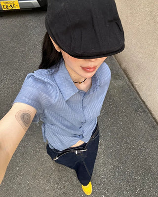 Weighted Shirring Point Short-Sleeve Crop Shirt