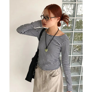 Striped U-neck long-sleeve T-shirt