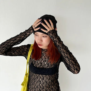 See-through lace long-sleeve T-shirt